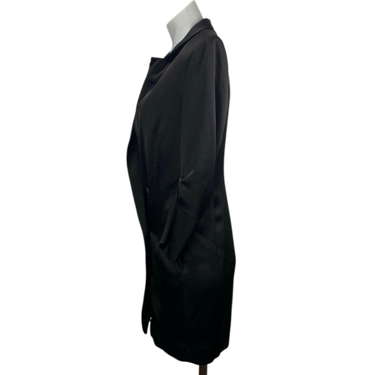 Halston Black Satin Double Breasted Ruched 3/4 Sleeve Blaxzr Coat Jacket Top XS