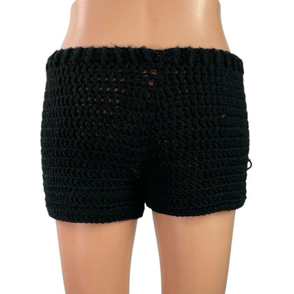 Women's Black White Plumeria Hibiscus Crochet High Waisted Beach Summer Shorts S