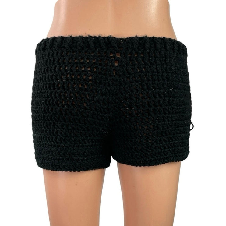Women's Black White Plumeria Hibiscus Crochet High Waisted Beach Summer Shorts S