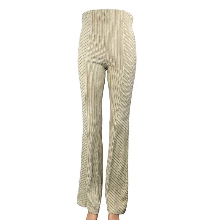 Free People Women's Beige Textured Velvet Slim High Rise Flare Trousers Pants S