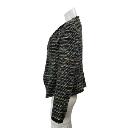 LOFT Women's Black White Long Sleeves Open Front Fringe Tweed Coat Jacket Size 4
