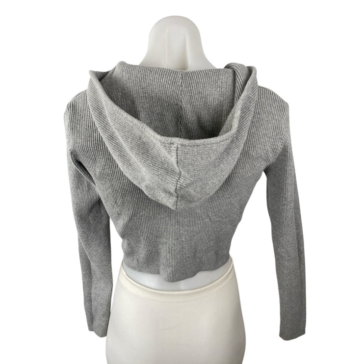 Brandy Melville Women's Gray Ribbed Knit Full Zip Crop Hoodie Sweatshirt Top S