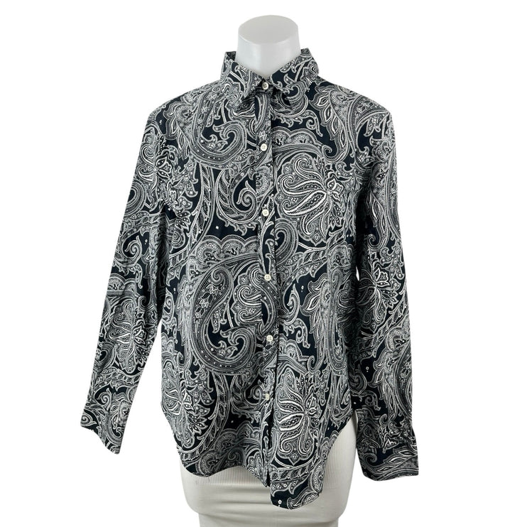 Lauren Ralph Womens Black Paisley Floral Long Sleeve Button Down Up Shirt Top L
