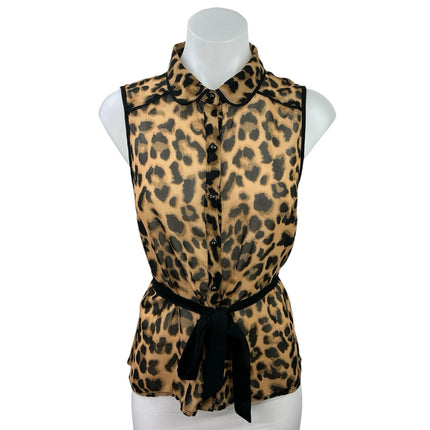 Forever 21 Tan Black Leopard Sleeveless Tie Waist Button Up Shirt Top Size S