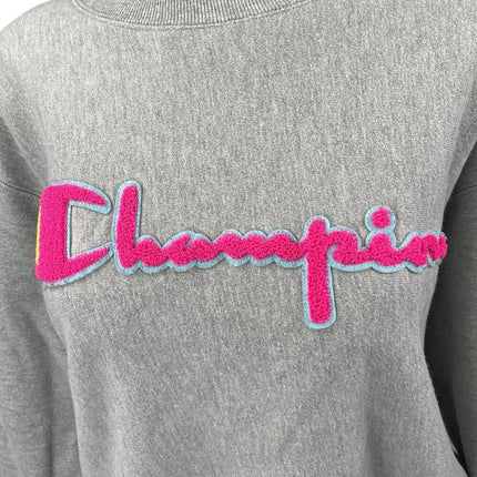 Champion Reverse Weave Gray Pink Logo Spellout Long Sleeve Sweatshirt Top Size L