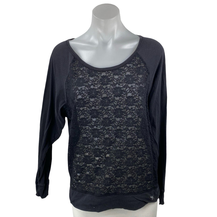 Victoria's Secret PINK Black Floral Lace Long Sleeve Scoop Neck Blouse Top Sz M