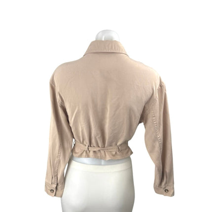 Bar III Women's Beige Long Sleeve Tie Belt Pocket Peplum Crop Shirt Top Size S