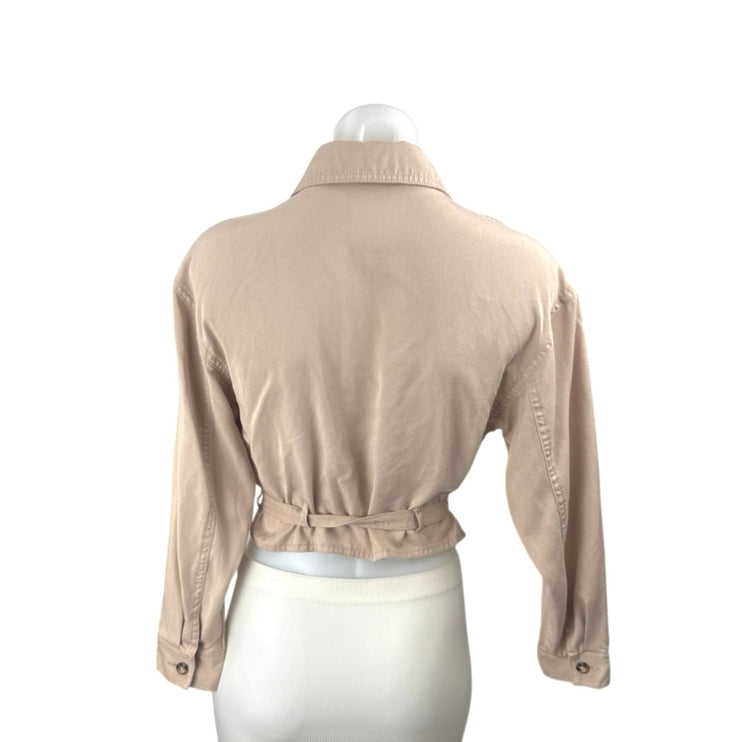 Bar III Women's Beige Long Sleeve Tie Belt Pocket Peplum Crop Shirt Top Size S