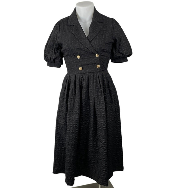 Freemarket Women's Black Woven Puff Sleeve Buttons Midi Flare A-Line Dress Sz M