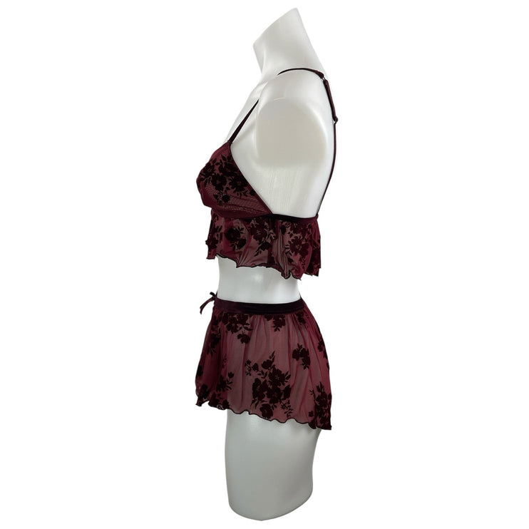 Auden Flocked Womens Red Black Floral Mesh Bralette & Mini Short Lingerie Sets S