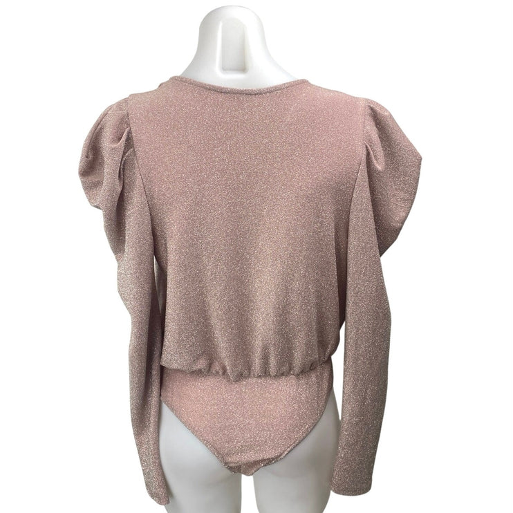The Sang Pink Metallic Long Puff Sleeve V Neck Faux Wrap Bodysuit Top Size S