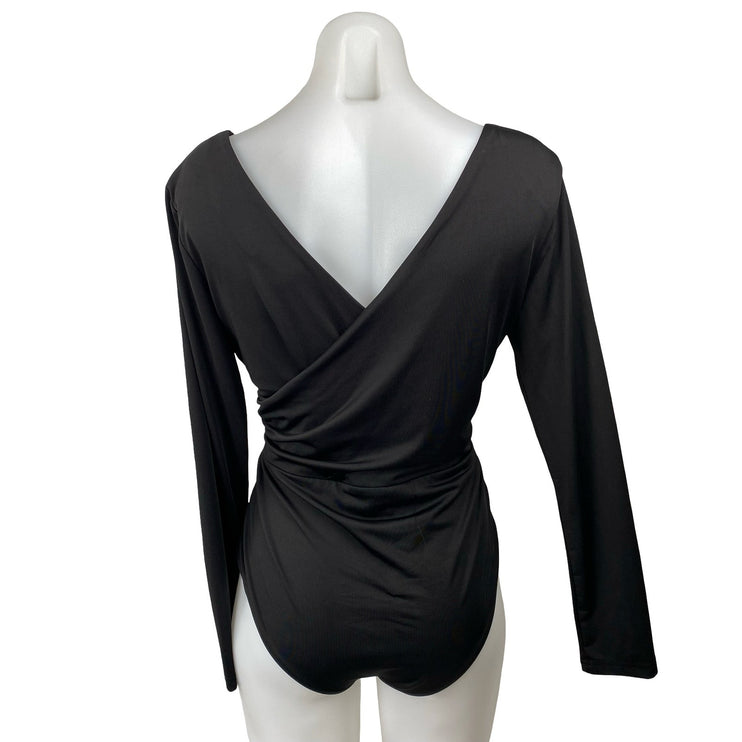 Princess Polly Women's Black Long Sleeve Faux Wrap Drape Bodysuit Top Size 10
