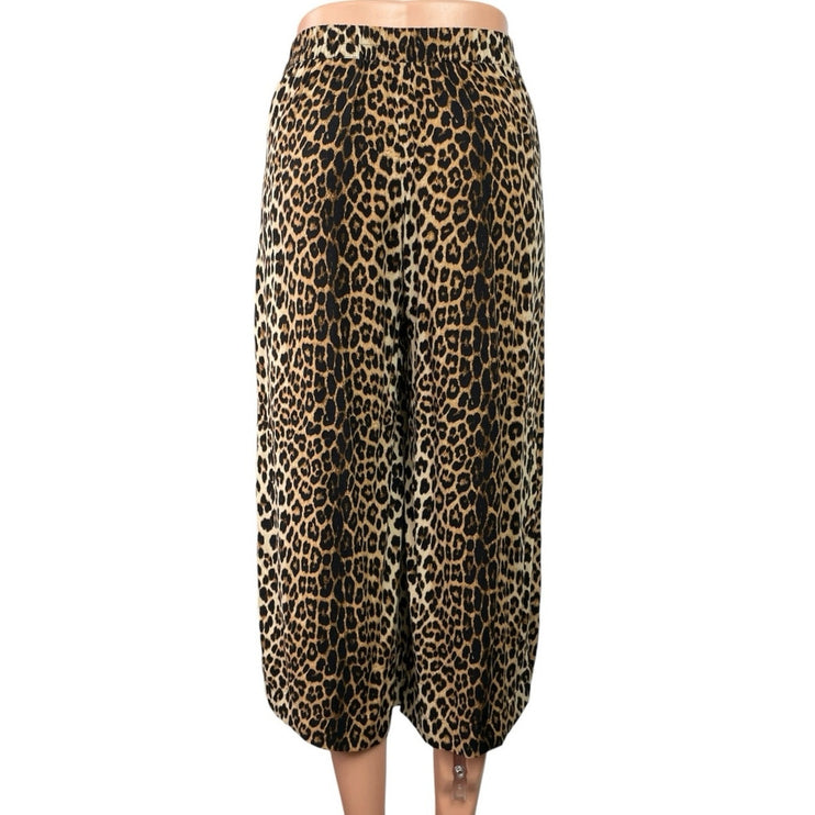 H&M Women's Tan Leopard Animal Print High Rise Baggy Cropped Wide Leg Pants 2