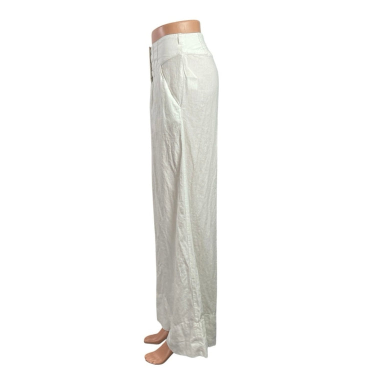 Free People Women's White High Rise Button Pleated Wide Leg Trousers Pants Sz 2