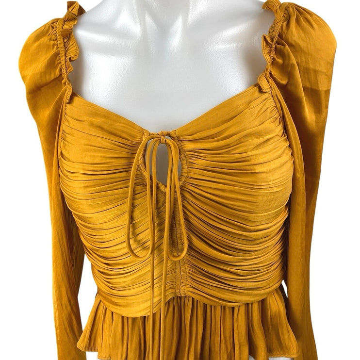 House Of Harlow 1960 Gold Satin Ruched Long Sleeve Peplum Crop Blouse Top Sz XS
