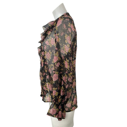 Zara Women's Floral Sheer Mesh Long Sleeve Ruffle V Neck Shirt Blouse Top Size S