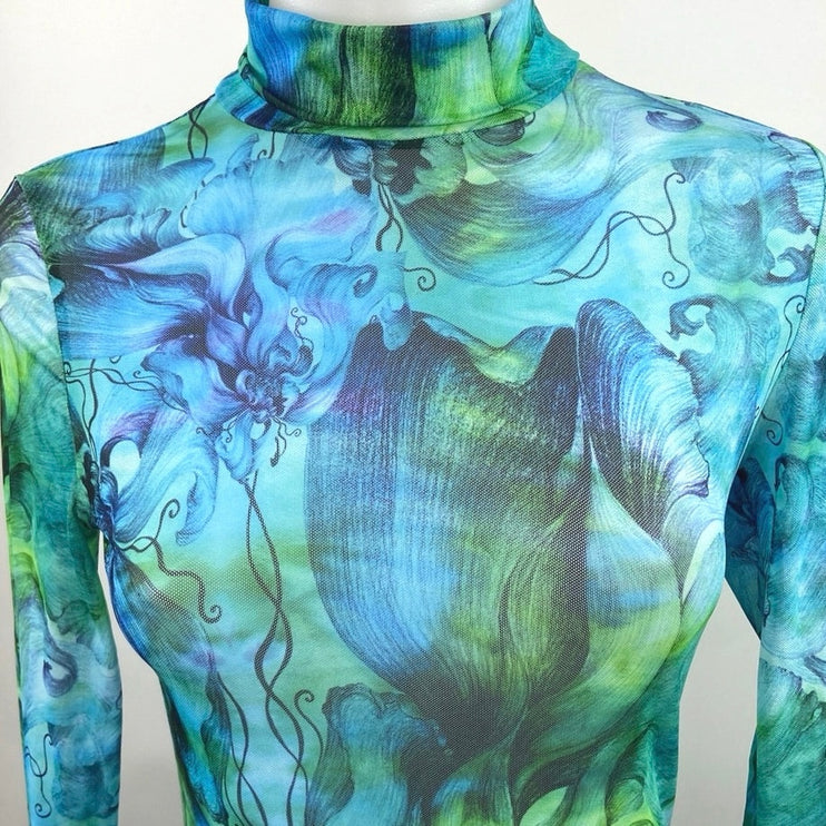 Shein Blue Green Watercolor Paint Abstract Turtleneck Long Sleeve Mini Dress 4