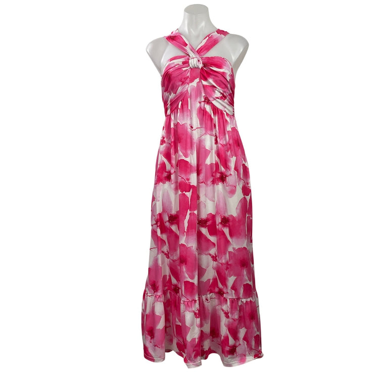 Grace Karin Pink Floral Cross Strap Sleeveless Summer Pleated ALine Maxi Dress S