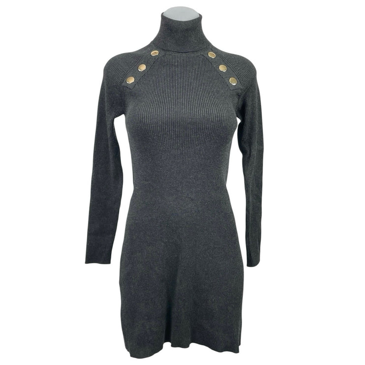 Zara Gray Turtleneck Long Sleeve Gold Button Mini Bodycon Sheath Sweater Dress S