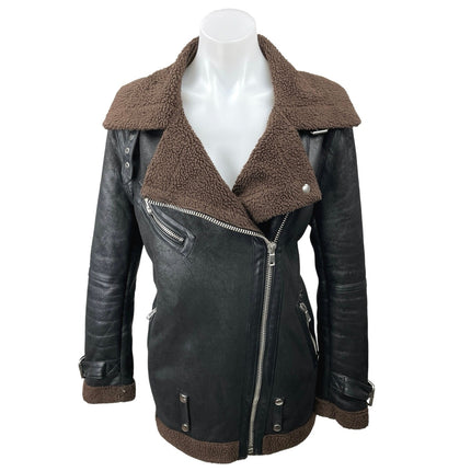 Urban Outfitters Women's Black Brown Faux Leather Vegan Sherpa Moto Jacket Sz S