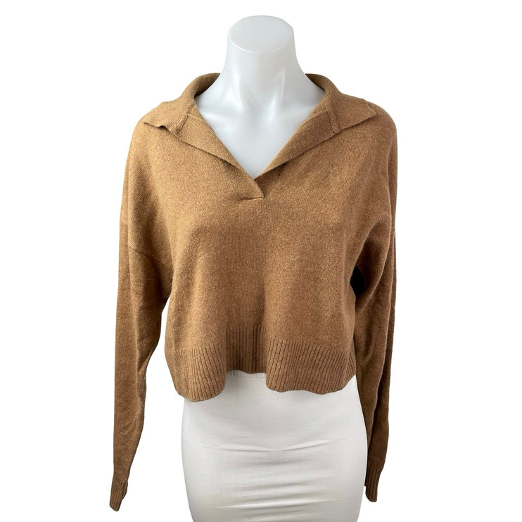Reformation Camel Tan 100% Cashmere Long Sleeve Cropped Polo Sweater Top Size S