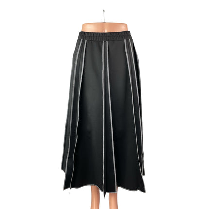 Women's Black Panelled Elastic Waist High Rise Pleated Midi Flare A-Line Skirt M