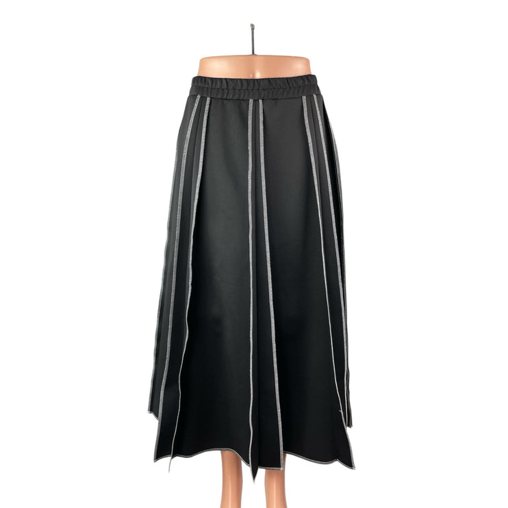 Women's Black Panelled Elastic Waist High Rise Pleated Midi Flare A-Line Skirt M