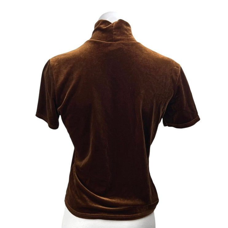 Azzura Brown Velvet Velour Short Sleeve Turtlenec Blouse T Shirt Tee Top Size M