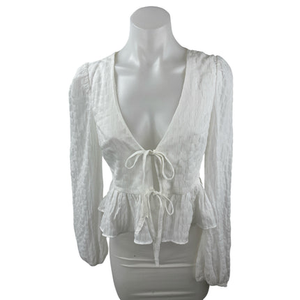 NEW Lulus White Plunge Neck Tie Front Long Puff Sleeve Peplum Blouse Top Size S