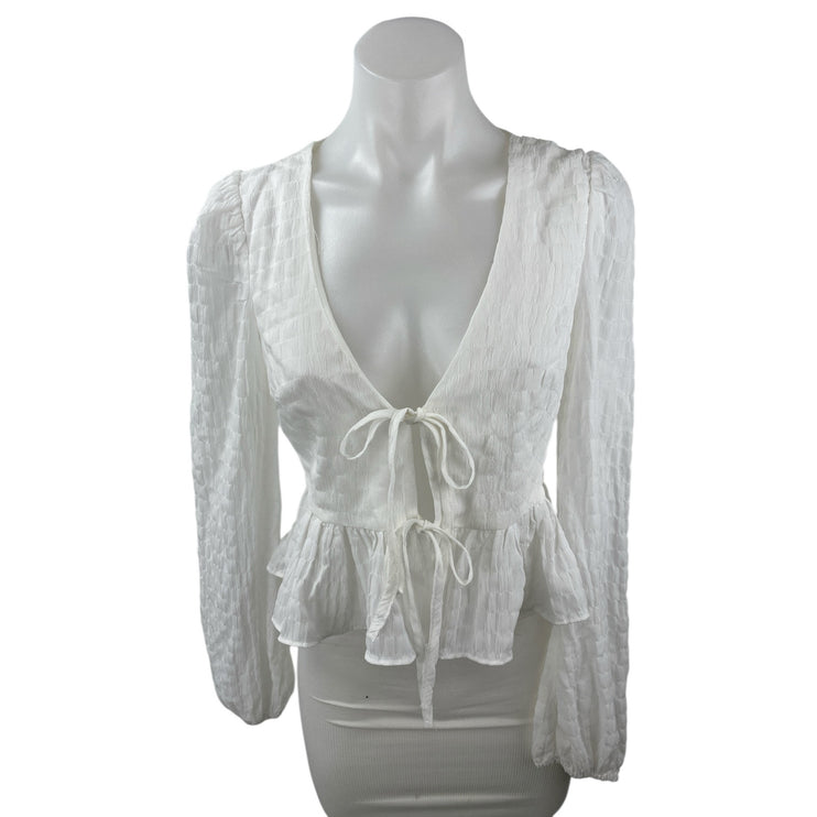 NEW Lulus White Plunge Neck Tie Front Long Puff Sleeve Peplum Blouse Top Size S
