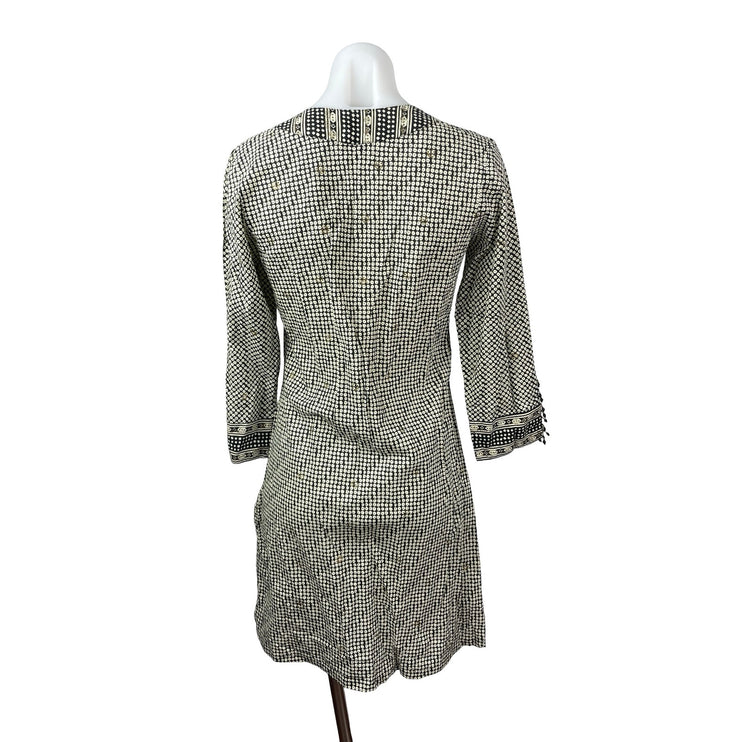 Anokhi Women's Black Geometric Half Sleeve V Neck Boho A Line Mini Dress Size S