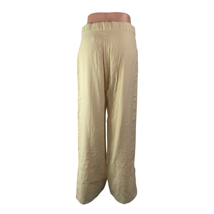 H&M Women's Cream Linen High Waisted Straight Wide Leg Trousers Pants Size 8