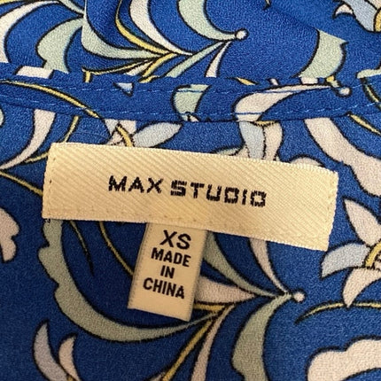 Max Studio Blue Floral Short Flutter Sleeve Tie Waist Peplum Blouse Top Size XS