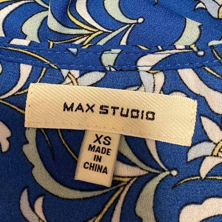 Max Studio Blue Floral Short Flutter Sleeve Tie Waist Peplum Blouse Top Size XS
