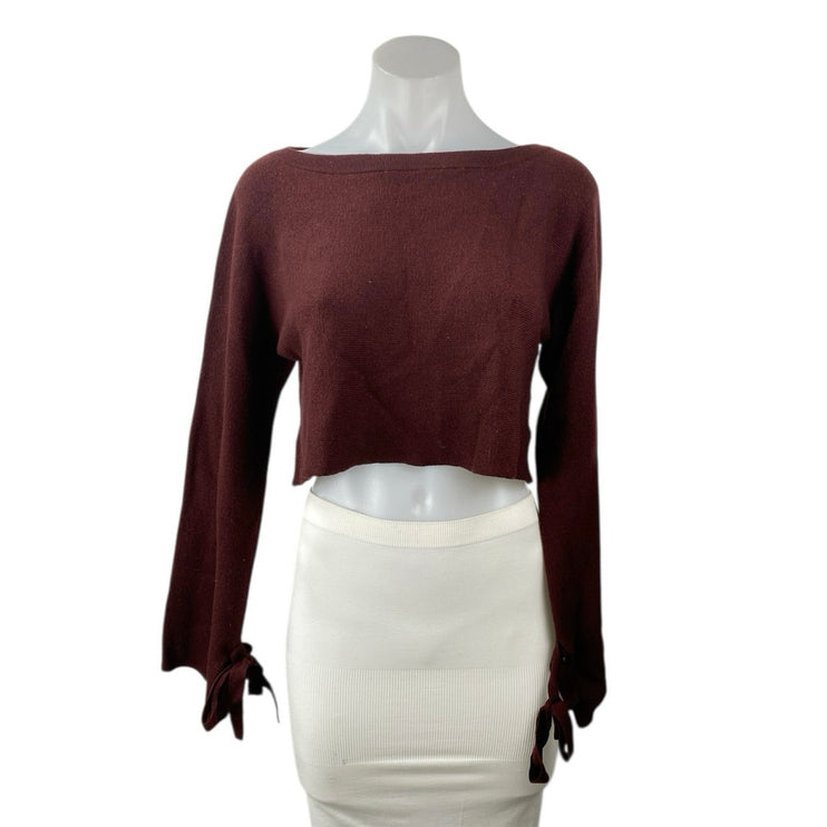 Aritzia Wilfred 100% Merino Wool Brown Knit Long Sleeve Crop Sweater Top Sz XXS