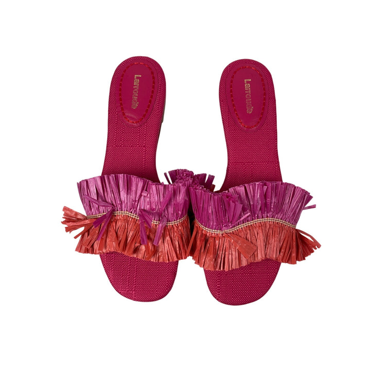NEW Larroude Raffia Pink Orange Color Block Fringe Round Toe Flats Slides Sz 7
