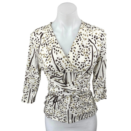 Banana Republic White Multicolor Print V-neck 3/4 Sleeve Wrap Blouse Top Size S