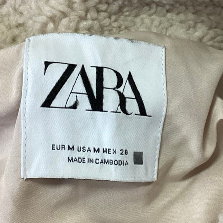 Zara Cream Beige Faux Shearling Sherpa Snap Button Collar Pockets Coat Jacket M