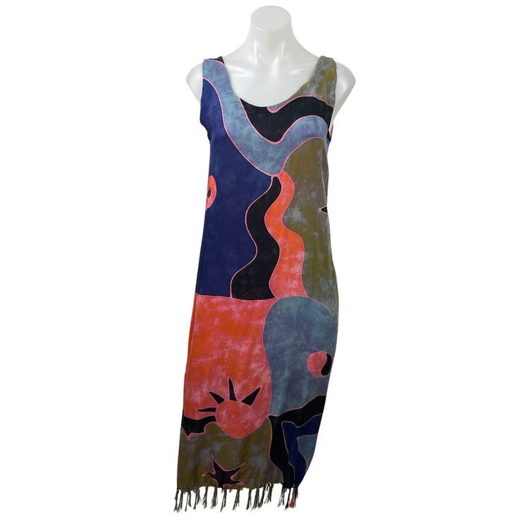The Monkey's Design Multicolor Sleeveless Tie Dye Print Tassel Midi Tank Dress S