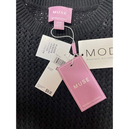 NEW Muse Black Crochet Knit Crewneck Short Puff Sleeve Crop Sweater Top Size M