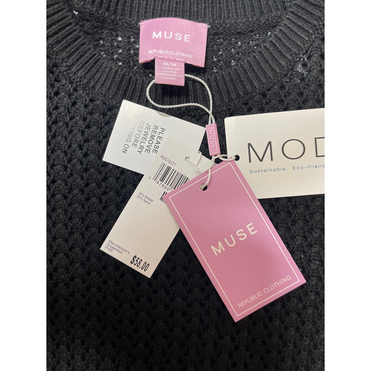 NEW Muse Black Crochet Knit Crewneck Short Puff Sleeve Crop Sweater Top Size M
