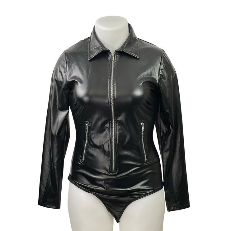 NEW Fashion Nova Biker Baddie Black Faux Leather Latex Zip Bodysuit Top Size 1X