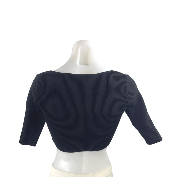 Zara Women's Black Ribbed Knit Half Sleeve Square Neck Button Crop Top Size S