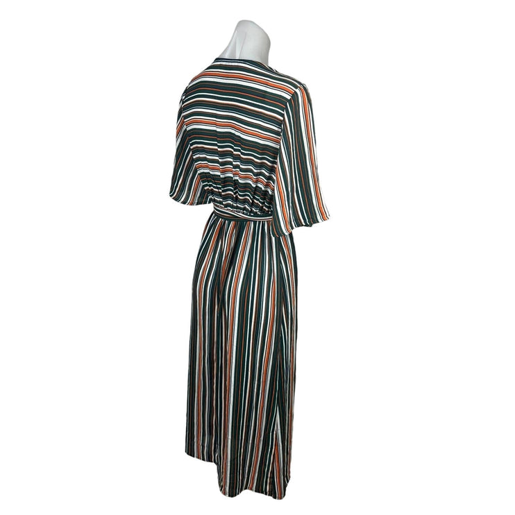 Forever 21 Green Orange Striped Faux Wrap Surplice Short Sleeve Midi Dress Sz S