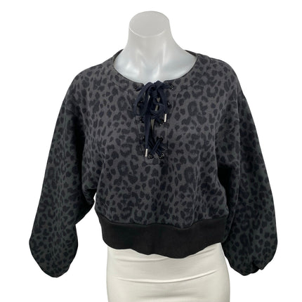 Victoria's Secret Black Leopard Animal Print Lace Up Cropped Sweatshirt Top Sz S