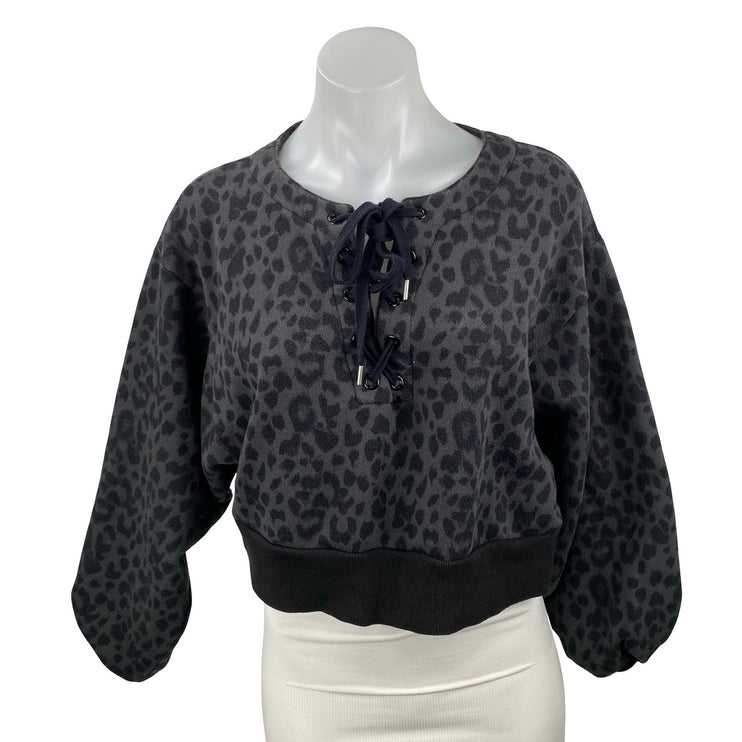 Victoria's Secret Black Leopard Animal Print Lace Up Cropped Sweatshirt Top Sz S