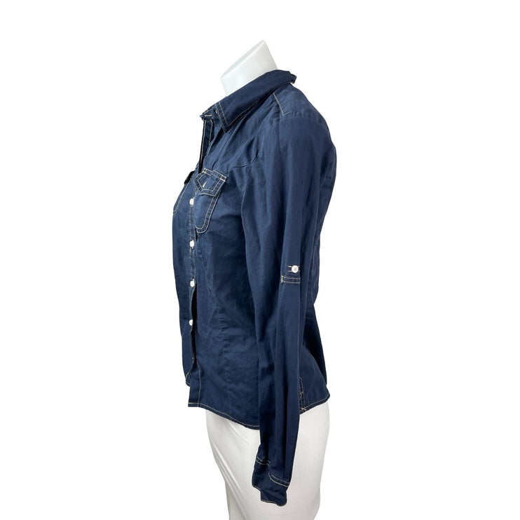 Tommy Hilfiger Women's Blue Dark Wash Long Sleeve Button Up Denim Jean Shirt S