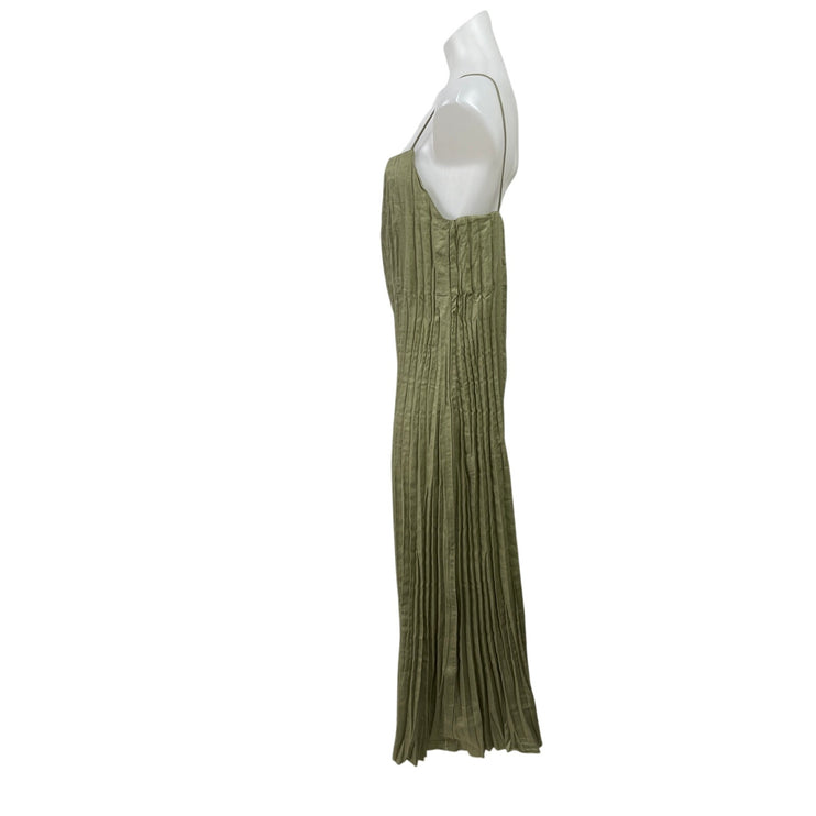 Massimo Dutti Green Linen Pleated Sleeveless Square Neck Cami Tank Maxi Dress S