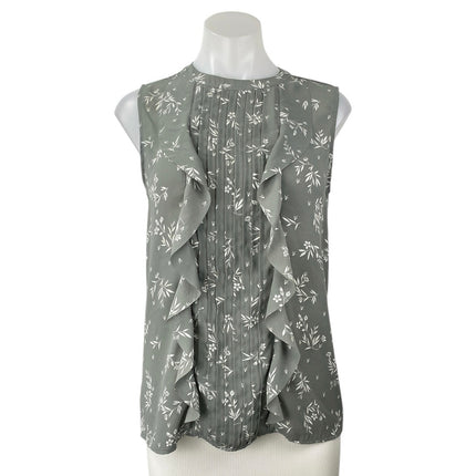 Ann Taylor Women's Green Sleeveless Floral Ruffle Pintuck Tank Blouse Top Size S