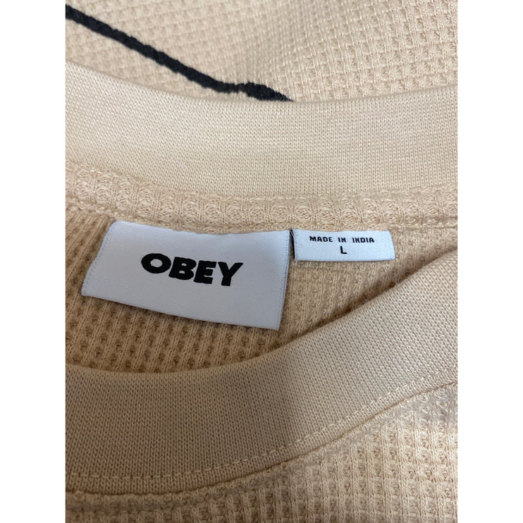 Obey Mens Beige Khaki Hearts Waffle Knit Crewneck Long Sleeve Sweater Top Size L